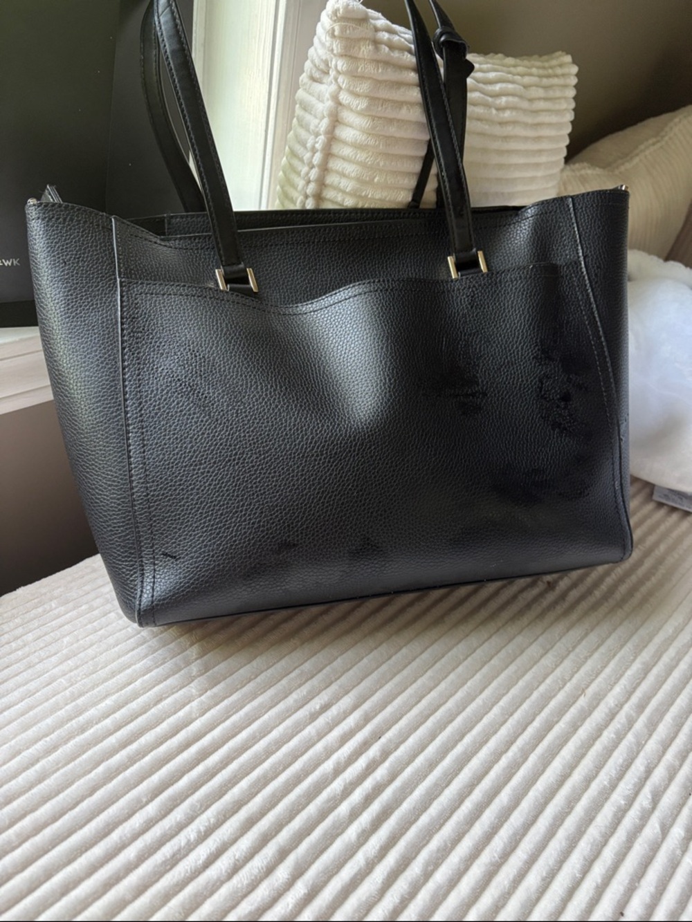 Michael Kors Black Leather Tote with Gold MK Charm - Picture 4 of 7